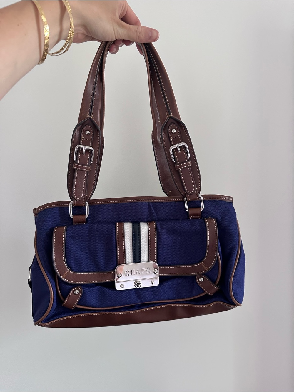 Chaps Navy and Brown Canvas Satchel with Striped Accent